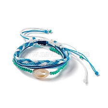 3Pcs 3 Style Natural Shell & Glass Braided Bead Bracelets Set, Adjustable Bracelets for Women