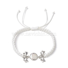 Flat Round Natural Pearl & Polyester Cord Braided Bracelets, Bowknot Alloy Adjustable Bracelets for Women