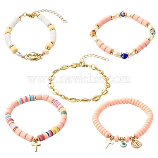 5Pcs 5 Style Handmade Polymer Clay Stretch & Brass Beaded & Alloy Link Chain Bracelets Set, with Millefiori Glass Beads and Pearl Beads, Brass Charm, Cross & Evil Eye