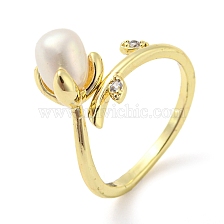 Flower Natural Pearl Cuff Ring with Rhinestone, Brass Finger Ring