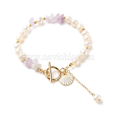 Natural Stone Chip Beaded Bracelet, Natural Pearl Bracelet, Shell Shape and Chain Tassel Charm Bracelet for Women, Golden