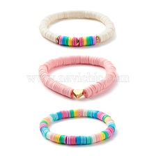 Handmade Polymer Clay Heishi Beads Stretch Kids Bracelets Set, Heart Brass Beads Bracelets