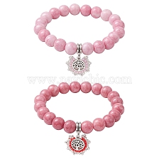 2Pcs 2 Colors 10.5mm Round Opaque Crackle Glass Beaded Stretch Bracelet Sets, Alloy Tree of Life Charm Bracelets