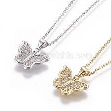 304 Stainless Steel Pendant Necklaces, with Brass Cubic Zirconia Pendants, Butterfly