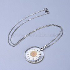 Alloy Resin Dried Flower Pendant Necklaces, with 304 Stainless Steel Cable Chains and Lobster Claw Clasps, Stainless Steel Color