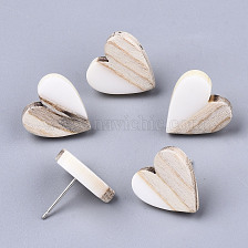 Resin & Wood Stud Earrings, with 304 Stainless Steel Pin, Heart