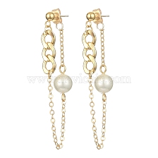 Brass Chains Tassel Earrings, Natural Pearl Beaded Dangle Stud Eearrings with 304 Stainless Steel Pins