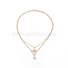 Brass Cable Chains & 304 Stainless Steel Satellite Chains Double Layered Necklace, Shell Pearl & Cubic Zirconia Star Pendants Necklace for Women