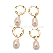 Brass Hoop Earrings, with Natural Pearl, Long-Lasting Plated, Real 18K Gold Plated