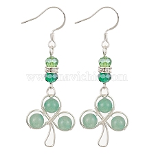 Natural Green Aventurine & Glass Beaded Clover Dangle Earrings, 304 Stainless Steel Wire Wrap Earrings