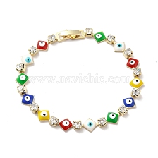 Rack Plating Iron Rhombus & Square Link Chains Bracelet, Enamel Evil Eye Bracelet with Clear Cubic Zirconia for Women, Golden