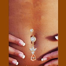 Piercing Jewelry, Brass Cubic Zirconia Navel Ring, Belly Rings, with 304 Stainless Steel Bar, Cadmium Free & Lead Free, Drop