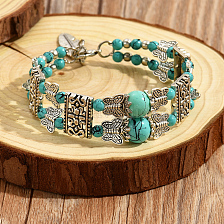 Bohemian Vintage Turquoise Beaded Silver Feather Bracelet