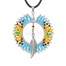 Boho Style Glass Seed Beads & Feather Alloy Pendant Necklaces, Waxed Cotton Cord Neckalces for Women