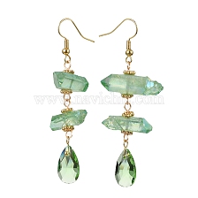 Dyed Natural Quartz Crystal Nugget & Teardrop Dangel Earrings, Real 18K Gold Plated Brass Long Drop Earrings