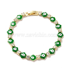 Rack Plating Iron Clover & Square Link Chains Bracelet, Enamel Evil Eye Bracelet with Clear Cubic Zirconia for Women, Golden