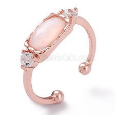 Brass Micro Pave Clear Cubic Zirconia Cuff Rings, Open Rings, with Natural Pink Opal, Rectangle