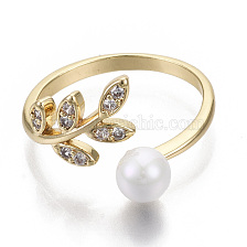 Brass Micro Pave Clear Cubic Zirconia Cuff Finger Rings, Open Rings, with ABS Plastic Imitation Pearl Beads, Nickel Free, Leaf, Real 18K Gold Plated, Size 8, Inner Diameter: 18mm