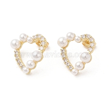 Brass Heart Stud Earrings with Cubic Zirconia, ABS Imitation Pearl Beaded Earrings for Women