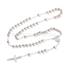 Religious Prayer Two Tone Alloy Beaded Lariat Necklace, Virgin Mary Crucifix Cross Rosary Bead Necklace for Easter