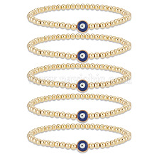 ANATTASOUL 5Pcs Brass Beaded Stretch Bracelets Set, Evil Eye Protection Good Lucky Bracelets for Women