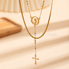 Stainless Steel Snake Bone Chain Portrait Tassel Cross Pendant Necklace