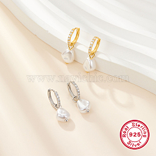 925 Sterling Silver Micro Pave Cubic Zirconia Dangle Hoop Earrings, Natural Pearl Drop Earrings, with 925 Stamp