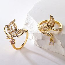 Fashion Butterfly Copper Gold Plated Zircon Open Ring 1 Piece