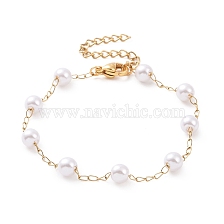 Round Plastic Imitation Pearl Beaded Bracelets, with Vacuum Plating 304 Stainless Steel Curb Chains, White