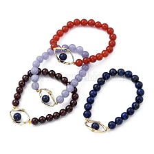 Natural Gemstone Stretch Beaded Bracelets, with Golden Plated Alloy Linking Rings, Evil Eye