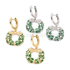 Brass Micro Pave Cubic Zirconia Huggie Hoop Earrings for Christmas, with Enamel, Lead Free & Cadmium Free & Nickel Low, Christmas Wreath, Green