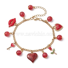 Valentine's Day Alloy Enamel & Resin Charm Bracelet, Heart & Rose & Lip Bracelets with 304 Stainless Steel Chains