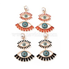 Rhinestone Double Evil Eye Dangle Stud Earrings with Acrylic Pearl Beaded, Light Gold Plated Alloy Long Drop Earrings for Women