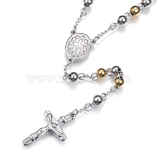 201 Stainless Steel Rosary Bead Necklaces, with Cross Pendant and Lobster Claw Clasps