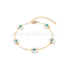 Shell Pearl & Acrylic Beads Flower Link Bracelets, with Brass Cable Chains, Golden, Teal, 2mm, 7-1/4 inch(18.4cm)