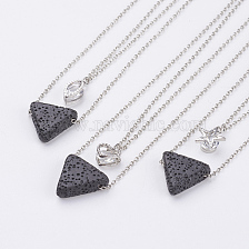 Natural Lava Rock Brass Two-Tiered Necklaces, Double Layer Necklaces, with Brass Micro Pave Cubic Zirconia Pendant, Triangle