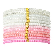 Pink Color Palette Glass Seed Beaded Stretch Bracelet Sets, Stackable Bracelets