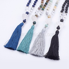 Natural Howlite and Gemstone Beaded Necklaces, with Big Tassel Pendants, Burlap Bags