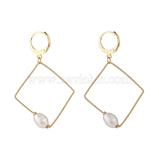 Large Wire Rhombus Dangle Hoop Earring, Pearl Beaded Geometry Drop Earrings for Women, Golden