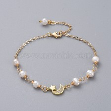 Natural Pearl Link Bracelets, with Brass Micro Pave Cubic Zirconia Link, Brass Cable Chains and Lobster Claw Clasps, with Cardboard Packing Box, Moon and Star