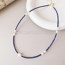 Elegant freshwater pearl necklace with aquamarine, simple and stylish design.