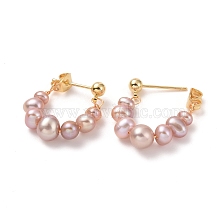 Natural Pearl Beaded Ring Stud Earrings, with Brass Pins, Long-Lasting Plated