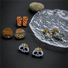 Halloween Printed Wood Stud Earring Sets, Resin & Wood Flat Round Ear Studs for Women