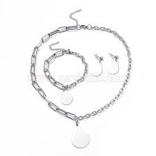 304 Stainless Steel Paperclip Chains & Cable Chain Jewelry Sets, Dangle Earrings & Pendant Necklaces & Charm Bracelets, Teardrop