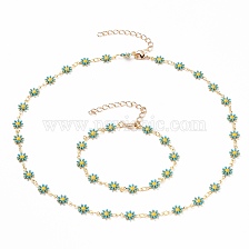 Daisy Link Chain Necklaces & Bracelets Jewelry Sets, with Brass Enamel Links, Curb Extension Chain & Lobster Claw Clasps