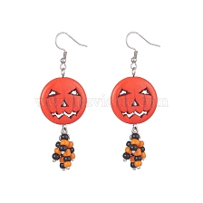 Synthetic Turquoise Pumpkin Dangle Earrings with Seed Beaded, 316 Surgical Stainless Steel Jewelry for Halloween