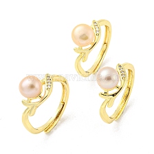 Brass Micro Pave Cubic Zirconia Leaf Adjustable Rings, with Natural Pearl