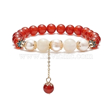 Natural Gemstone & White Moonstone & Pearl Beaded Stretch Bracelet with Tassel Charms for Women