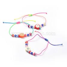 Adjustable Nylon Thread Kid Braided Beads Bracelets, with Polymer Clay Heishi Beads Beads, Round Glass Seed Beads and Handmade Evil Eye Lampwork Round Beads, Fruits