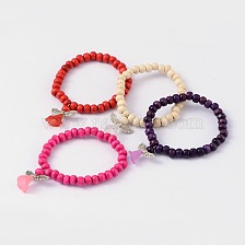 Kids Bracelets Wood Bead Stretch Bracelets, with Alloy Acrylic Pendants, Lovely Wedding Dress Angel Dangle, 45mm